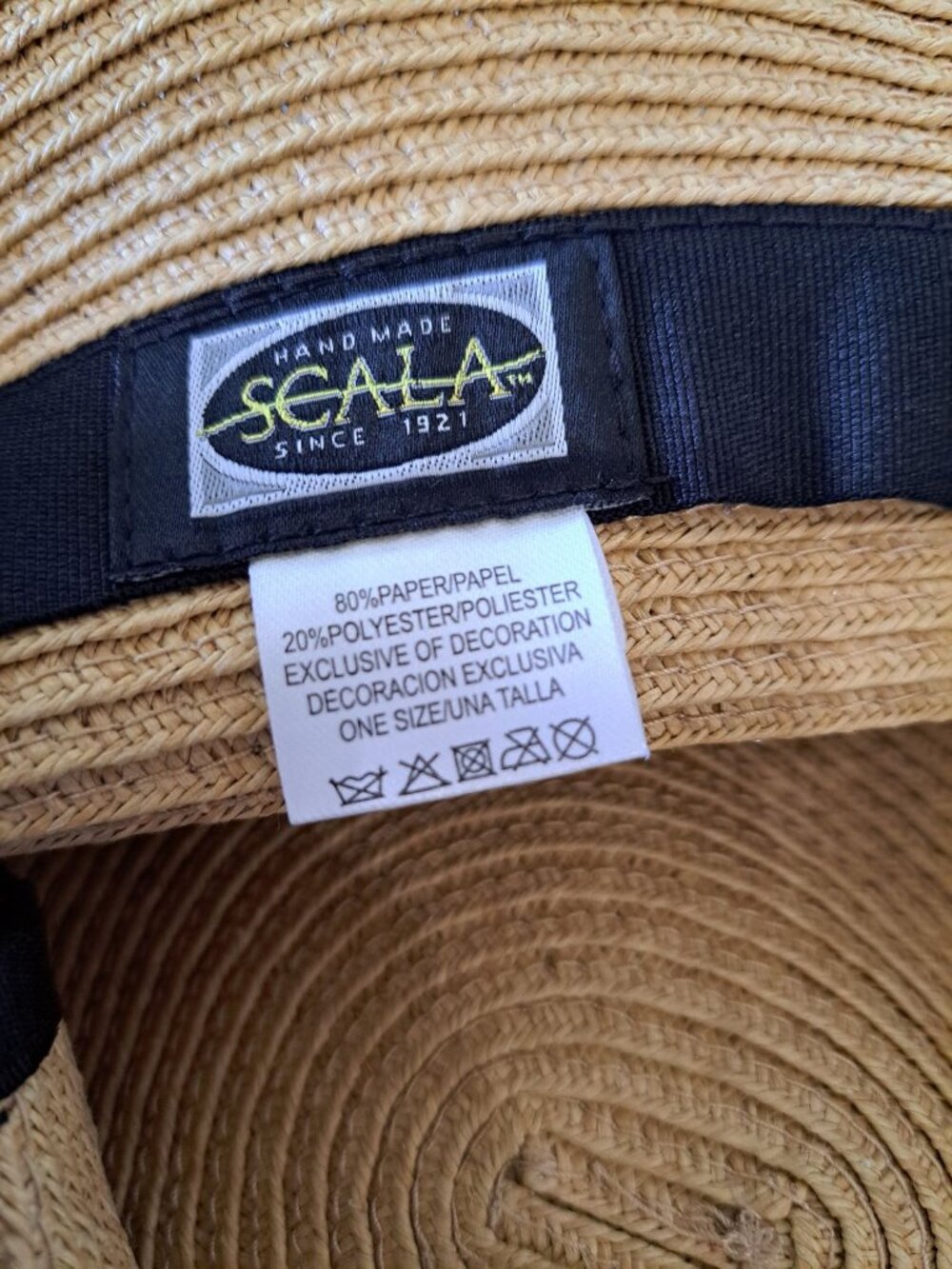 Scala Women's Wide-Brim Straw Hat Beige Black Ribbon Adjustable Sun Protection - Picture 4 of 6